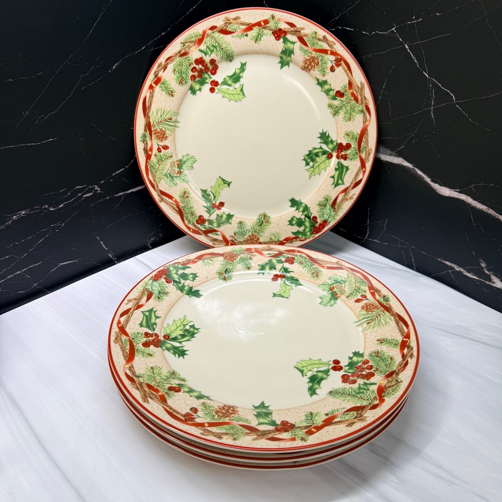 Block Basics Festive Ribbon Christmas Dinner Plates Set of 4 Holly Pine Plates